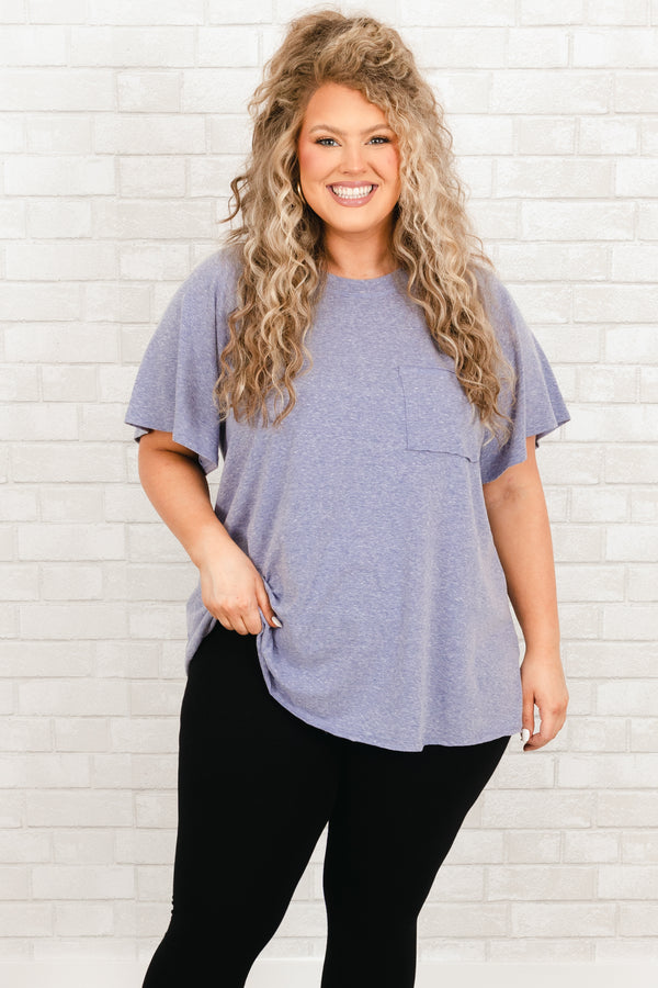 Chic Soul plus size clothing, denim blue top with a front pocket