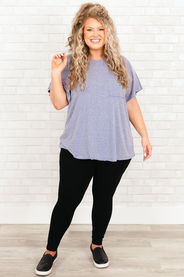 Chic Soul plus size clothing, denim blue top with a front pocket