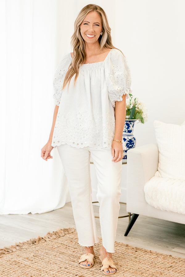 Chic Soul plus size clothing, puffed-short-sleeve flowy blue and ivory striped top with a square-neckline and a subtle eyelet pattern along the sleeves and hemline 