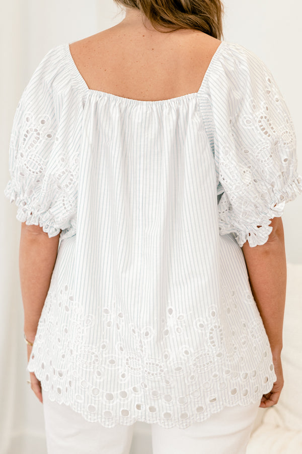 Chic Soul plus size clothing, puffed-short-sleeve flowy blue and ivory striped top with a square-neckline and a subtle eyelet pattern along the sleeves and hemline 