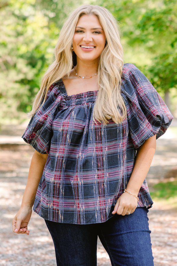 Chic Soul plus size clothing, grey and pink plaid short puff sleeve babydoll top 