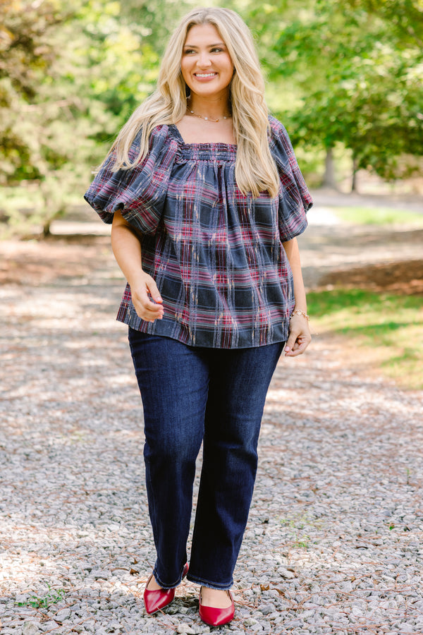 Chic Soul plus size clothing, grey and pink plaid short puff sleeve babydoll top 
