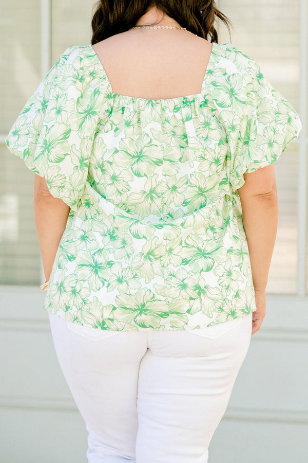 Chic Soul plus size clothing, Green floral top with a square neckline and bubble sleeves
