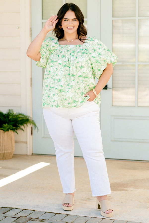 Chic Soul plus size clothing, Green floral top with a square neckline and bubble sleeves

