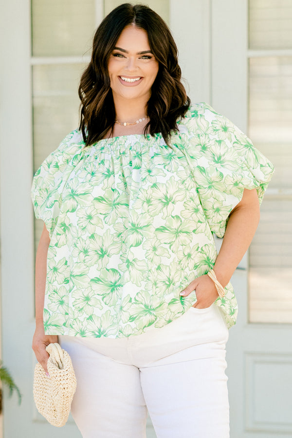 Chic Soul plus size clothing, Green floral top with a square neckline and bubble sleeves
