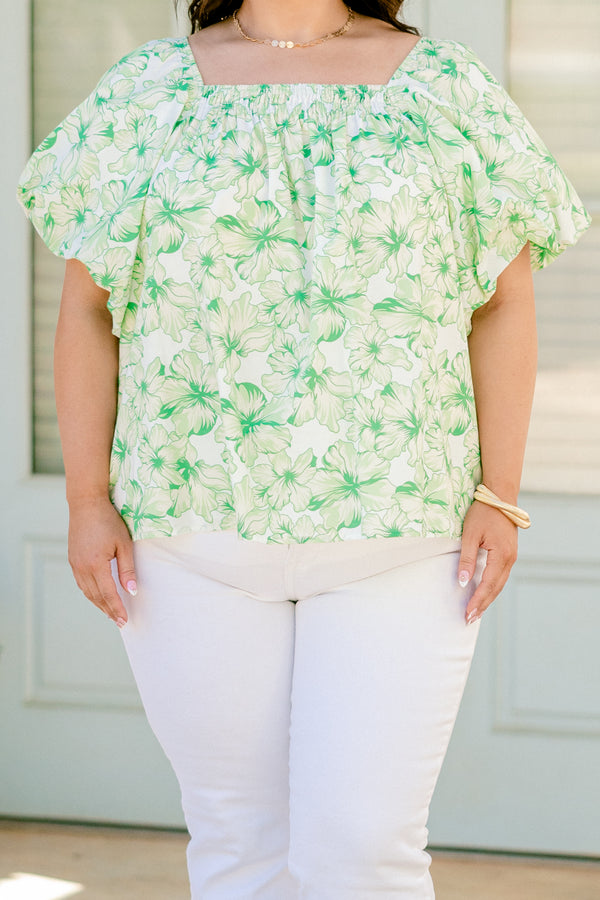 Chic Soul plus size clothing, Green floral top with a square neckline and bubble sleeves
