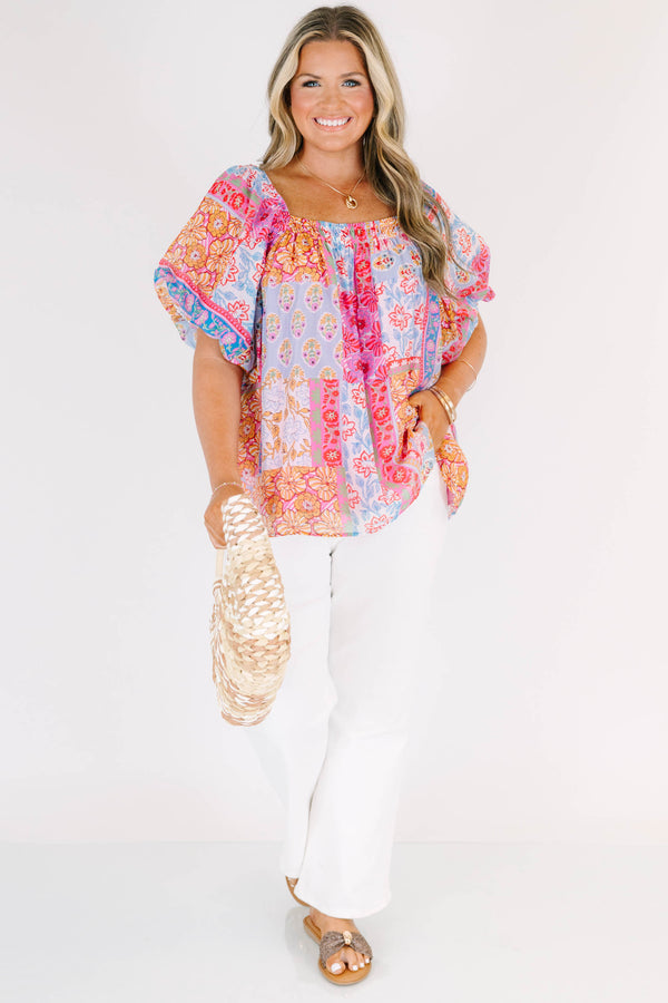 Chic Soul plus size clothing, green multicolored patchwork print short sleeve top with square neckline with puff sleeves