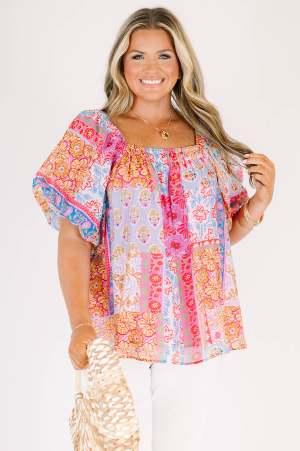Chic Soul plus size clothing, green multicolored patchwork print short sleeve top with square neckline with puff sleeves