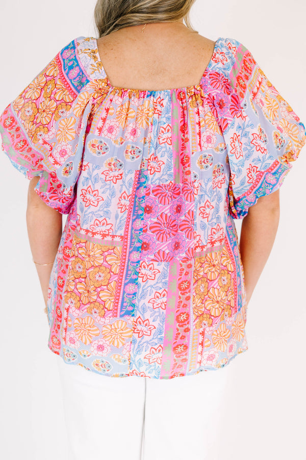 Chic Soul plus size clothing, green multicolored patchwork print short sleeve top with square neckline with puff sleeves