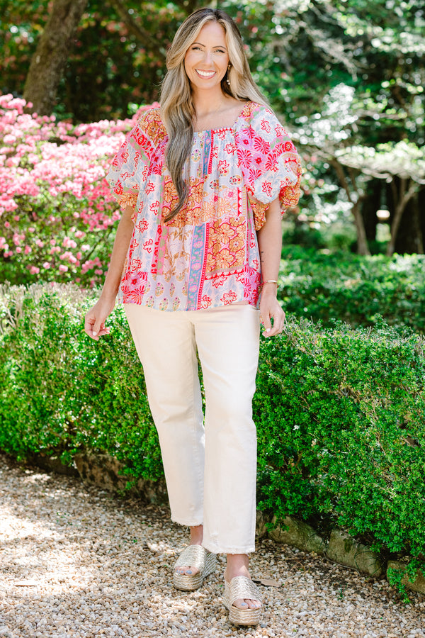 Chic Soul plus size clothing, green multicolored patchwork print short sleeve top with square neckline with puff sleeves