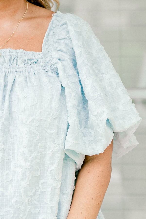 Chic Soul plus size clothing, very pale blue bubble sleeve square neck blouse with subtle floral texture and ruching by neckline