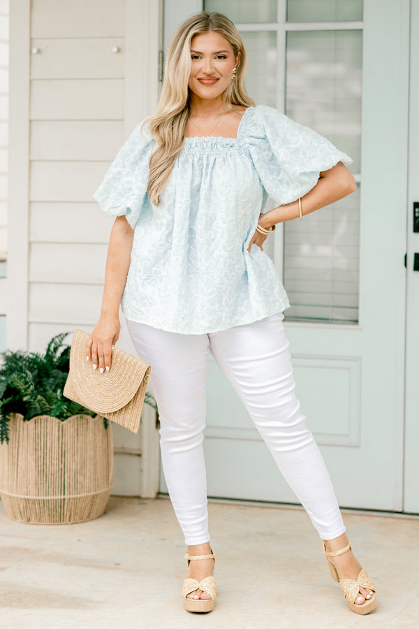 Chic Soul plus size clothing, very pale blue bubble sleeve square neck blouse with subtle floral texture and ruching by neckline