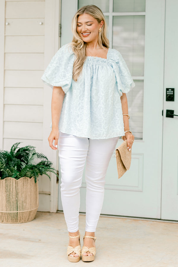 Chic Soul plus size clothing, very pale blue bubble sleeve square neck blouse with subtle floral texture and ruching by neckline