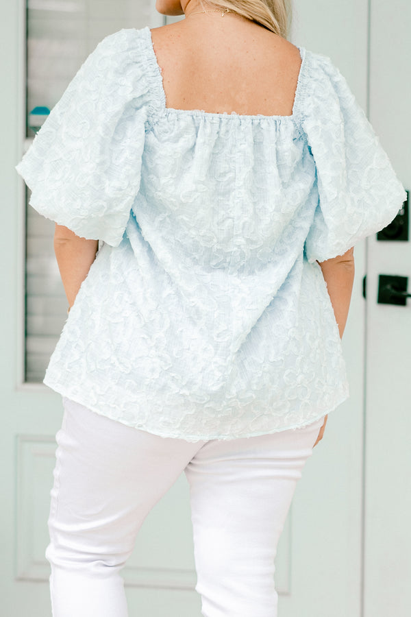 Chic Soul plus size clothing, very pale blue bubble sleeve square neck blouse with subtle floral texture and ruching by neckline