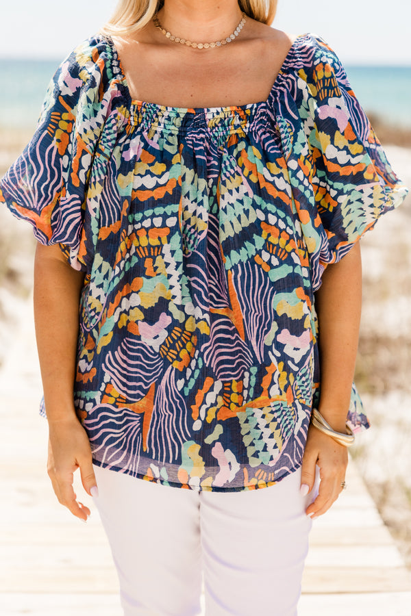 Chic Soul plus size clothing, short-puffed-sleeve navy top with a square-neckline and a multi-colored tropical abstract pattern 