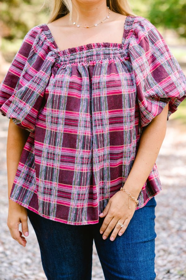 Chic Soul plus size clothing, burgundy and pink plaid short puff sleeve baby doll top