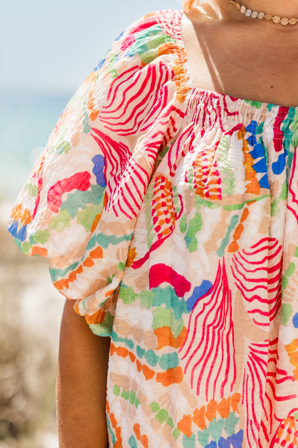 Chic Soul plus size clothing, short-puffed-sleeve pink flowy top with a square-neckline with  multi-colored tropical abstract print 