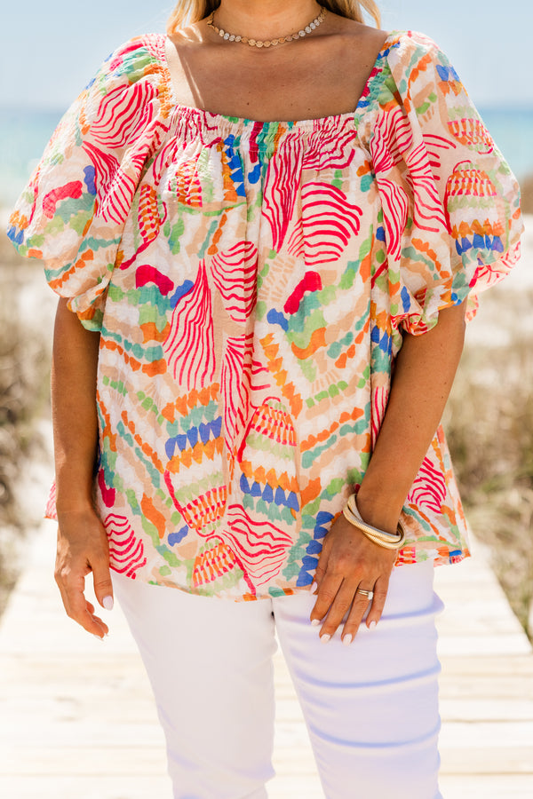 Chic Soul plus size clothing, short-puffed-sleeve pink flowy top with a square-neckline with  multi-colored tropical abstract print 