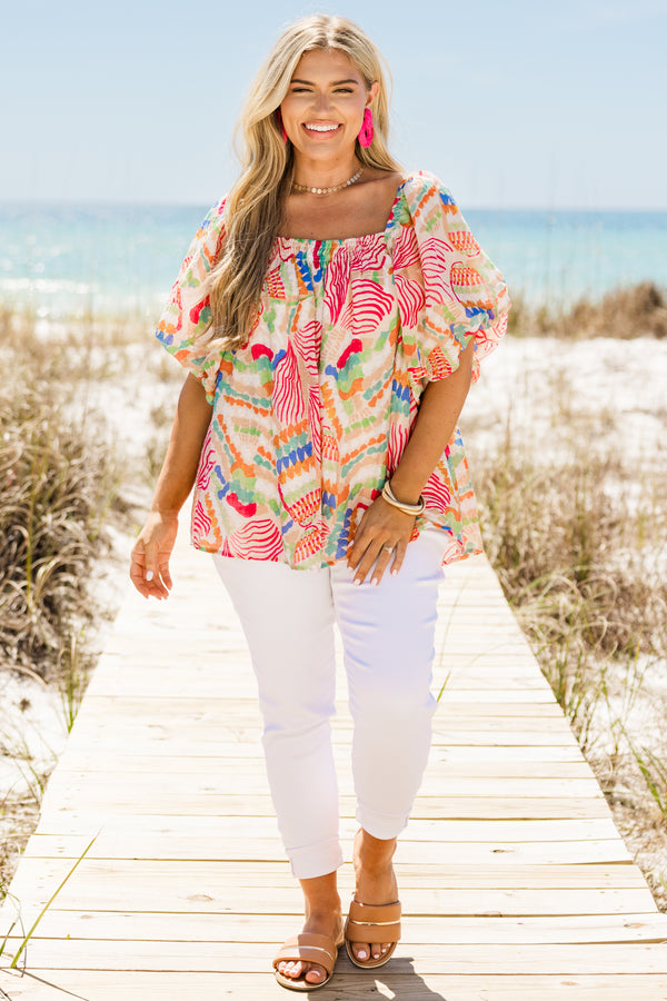 Chic Soul plus size clothing, short-puffed-sleeve pink flowy top with a square-neckline with  multi-colored tropical abstract print 