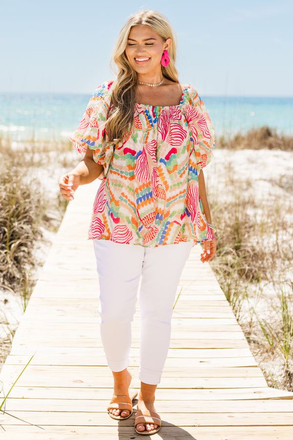 Chic Soul plus size clothing, short-puffed-sleeve pink flowy top with a square-neckline with  multi-colored tropical abstract print 