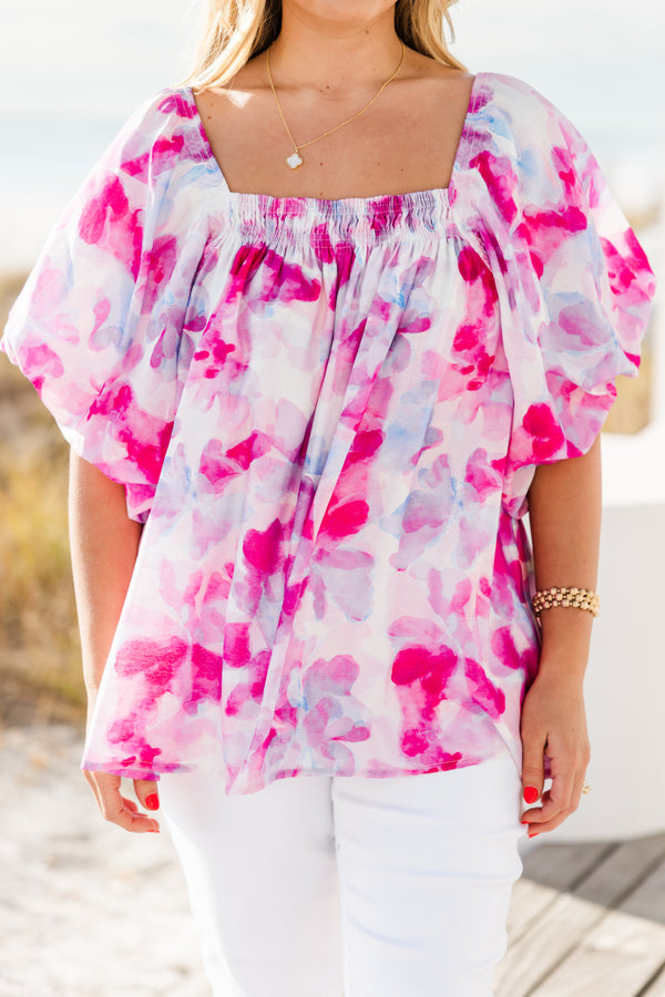 Chic Soul plus size clothing, pink watercolor floral print flowy top with square neckline and puff sleeves with smocked detail along neckline 
