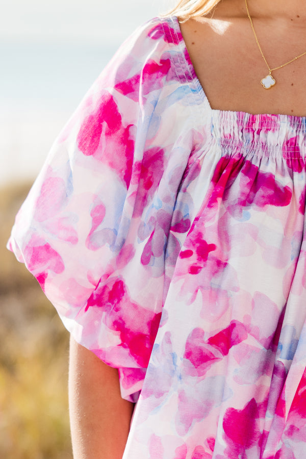 Chic Soul plus size clothing, pink watercolor floral print flowy top with square neckline and puff sleeves with smocked detail along neckline 
