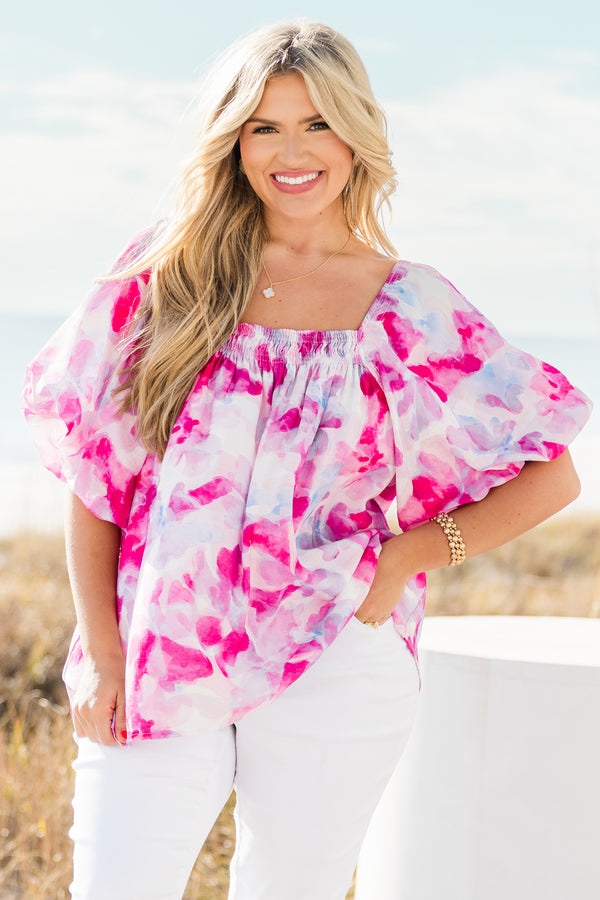 Chic Soul plus size clothing, pink watercolor floral print flowy top with square neckline and puff sleeves with smocked detail along neckline 
