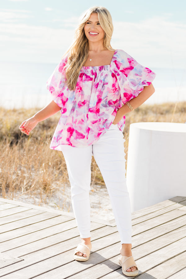 Chic Soul plus size clothing, pink watercolor floral print flowy top with square neckline and puff sleeves with smocked detail along neckline 
