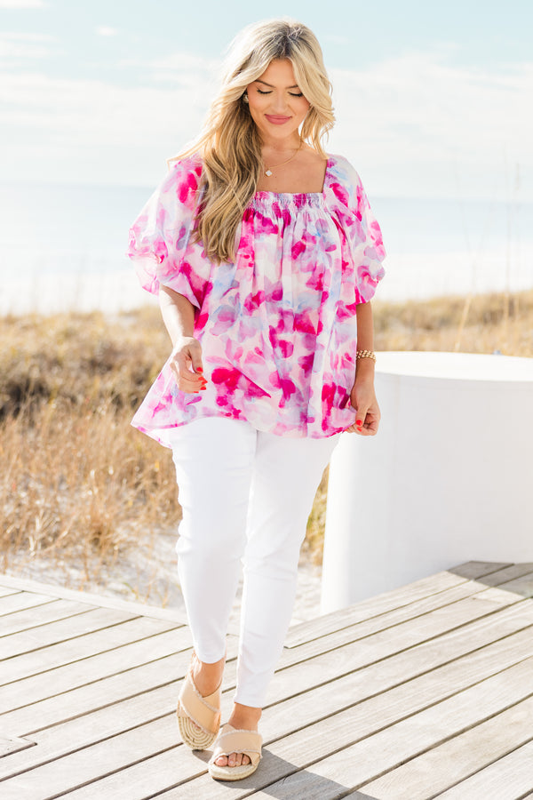 Chic Soul plus size clothing, pink watercolor floral print flowy top with square neckline and puff sleeves with smocked detail along neckline 
