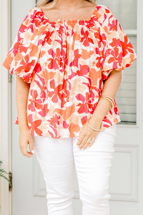 Chic Soul plus size clothing, pink and orange floral balloon sleeve top with ruched square neckline