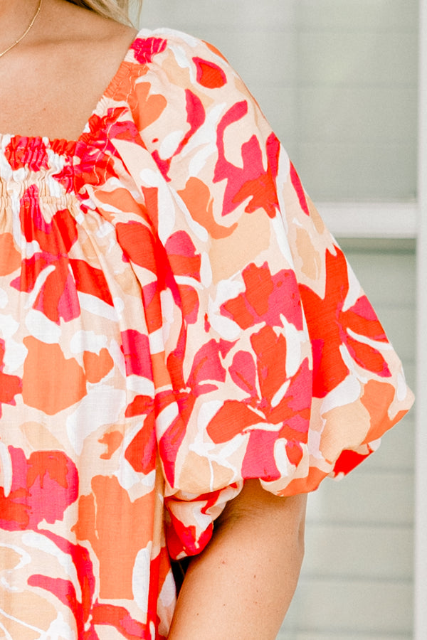 Chic Soul plus size clothing, pink and orange floral balloon sleeve top with ruched square neckline