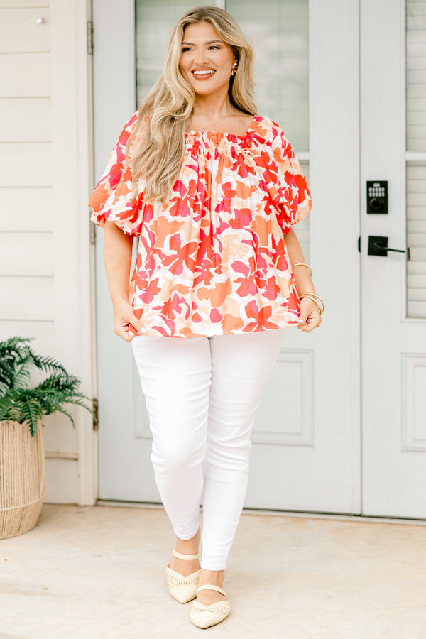 Chic Soul plus size clothing, pink and orange floral balloon sleeve top with ruched square neckline