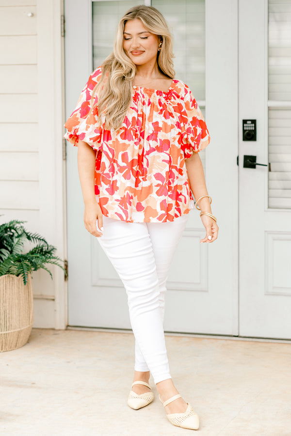 Chic Soul plus size clothing, pink and orange floral balloon sleeve top with ruched square neckline