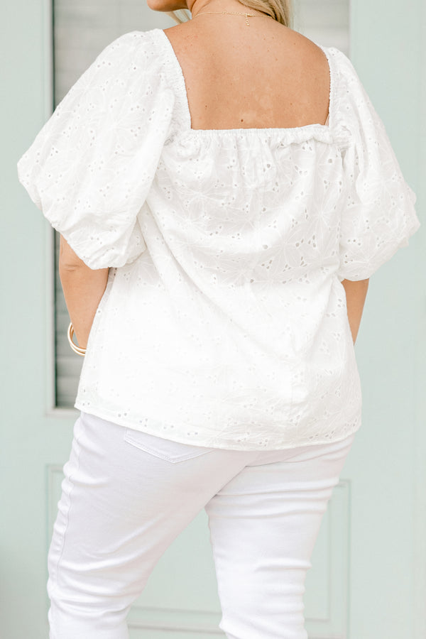 Chic Soul plus size clothing, white square neckline bubble sleeve blouse with subtle eyelet floral pattern