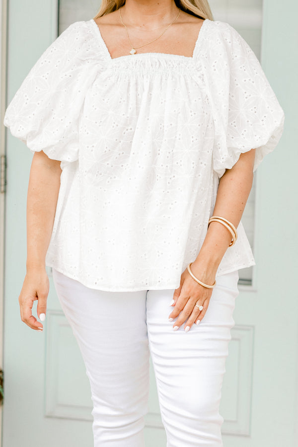 Chic Soul plus size clothing, white square neckline bubble sleeve blouse with subtle eyelet floral pattern