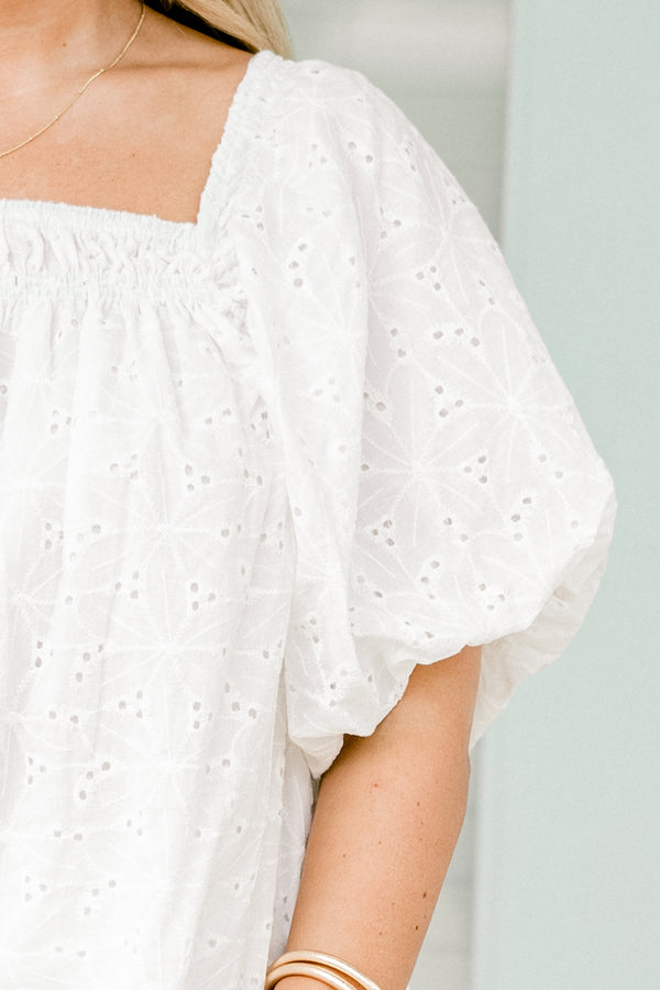 Chic Soul plus size clothing, white square neckline bubble sleeve blouse with subtle eyelet floral pattern