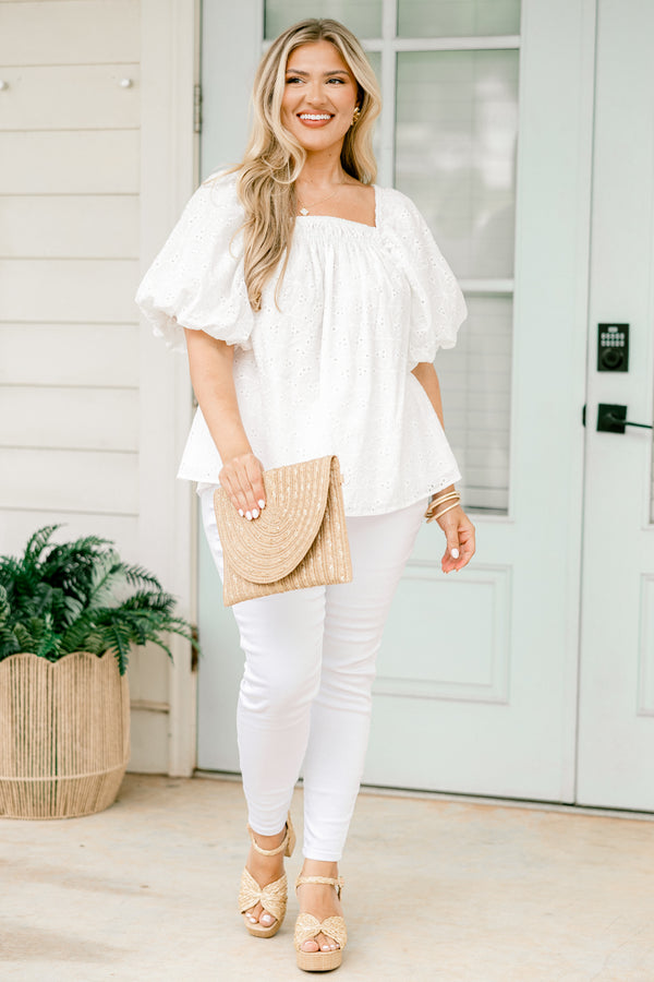 Chic Soul plus size clothing, white square neckline bubble sleeve blouse with subtle eyelet floral pattern
