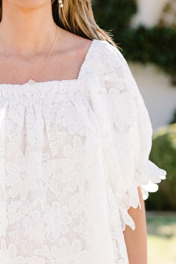 chic soul plus size clothing, white floral embroidered floral top with short sleeves that have ruffles on the end, and a square neck