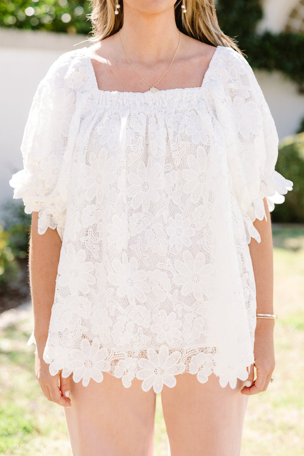 chic soul plus size clothing, white floral embroidered floral top with short sleeves that have ruffles on the end, and a square neck