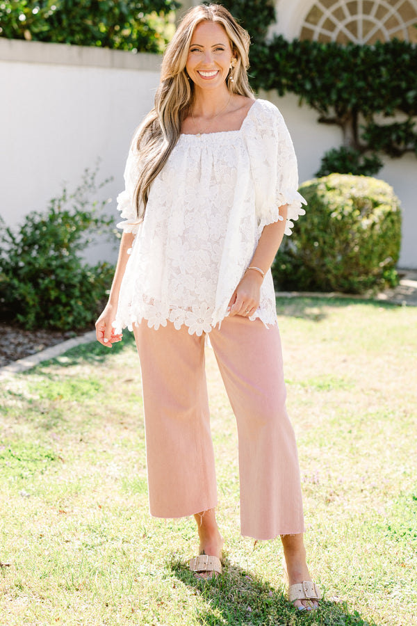 chic soul plus size clothing, white floral embroidered floral top with short sleeves that have ruffles on the end, and a square neck
