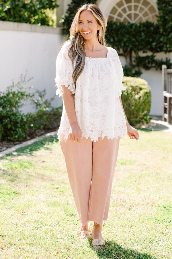 chic soul plus size clothing, white floral embroidered floral top with short sleeves that have ruffles on the end, and a square neck