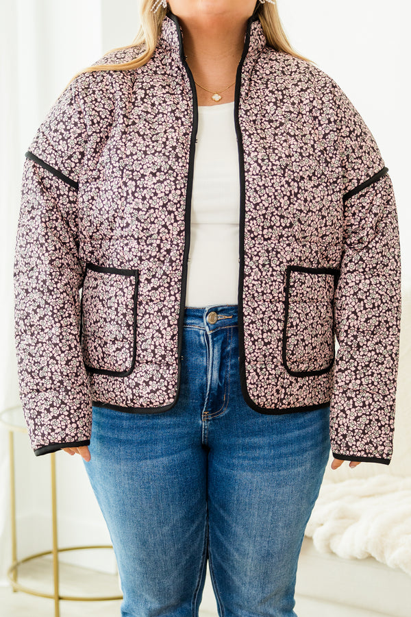 Chic Soul plus size clothing, black long sleeve quilted jacket with pink small floral design with two front pockets outlined in black with black outer stitching detail
