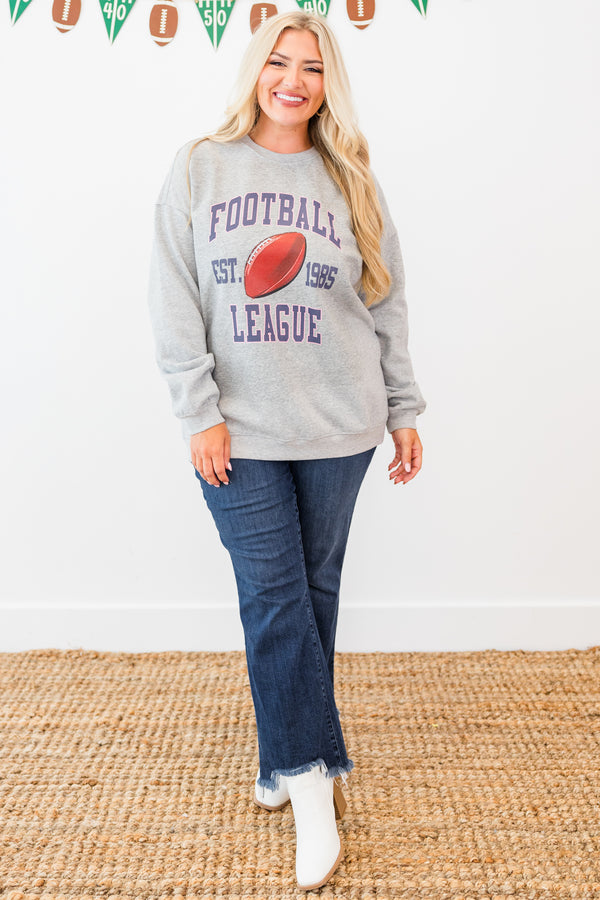 Chic Soul plus size clothing, long-sleeve heather gray crewneck pullover with graphic stating 