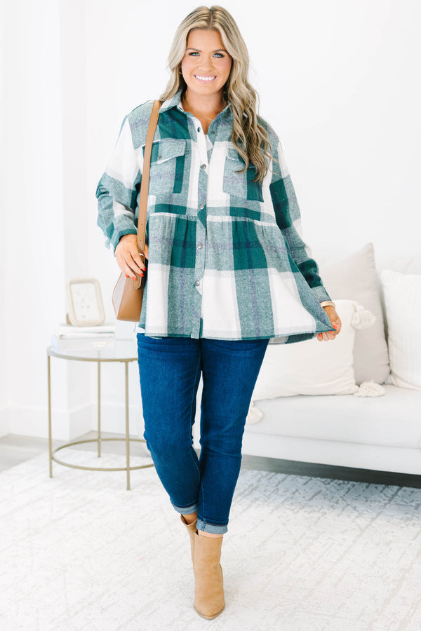 Chic Soul plus size clothing, green long sleeve babydoll plaid shacket with silver button up detail with chest pockets and collar detail with cuff sleeves