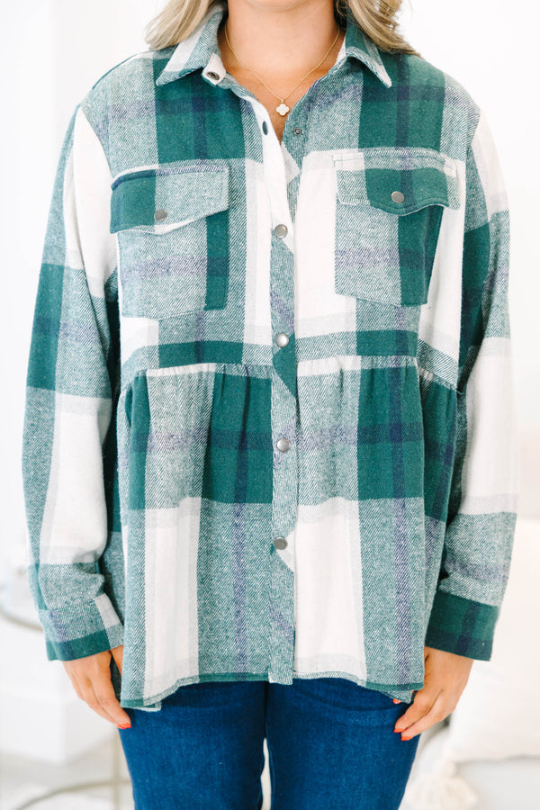 Chic Soul plus size clothing, green long sleeve babydoll plaid shacket with silver button up detail with chest pockets and collar detail with cuff sleeves