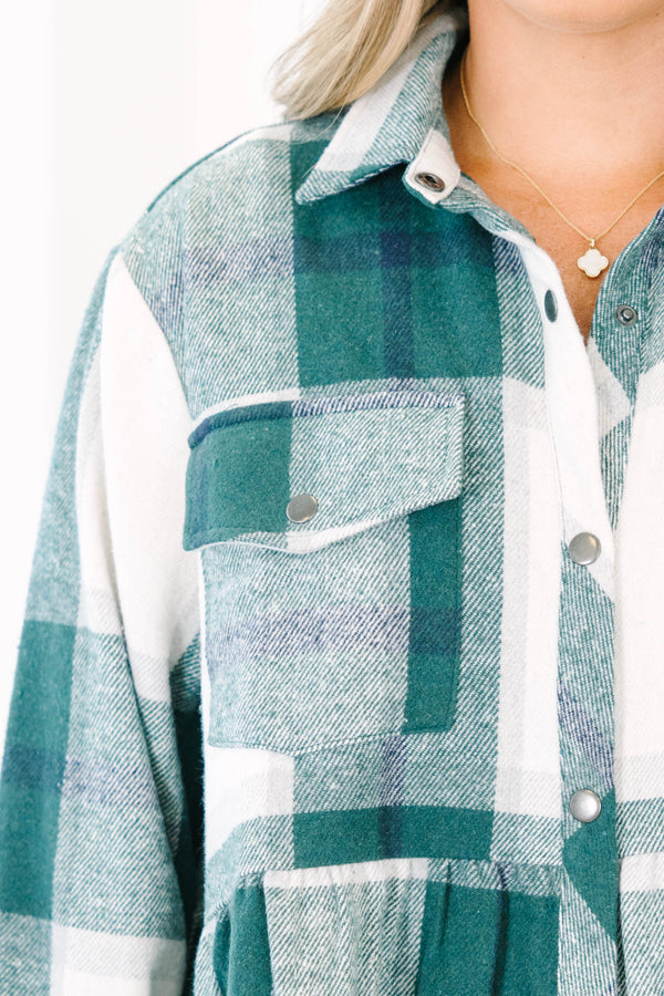 Chic Soul plus size clothing, green long sleeve babydoll plaid shacket with silver button up detail with chest pockets and collar detail with cuff sleeves