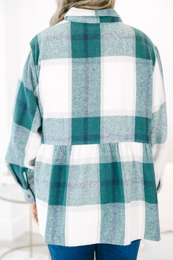 Chic Soul plus size clothing, green long sleeve babydoll plaid shacket with silver button up detail with chest pockets and collar detail with cuff sleeves