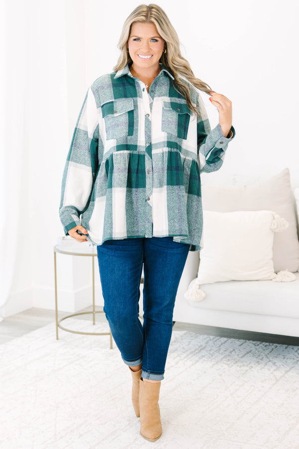 Chic Soul plus size clothing, green long sleeve babydoll plaid shacket with silver button up detail with chest pockets and collar detail with cuff sleeves