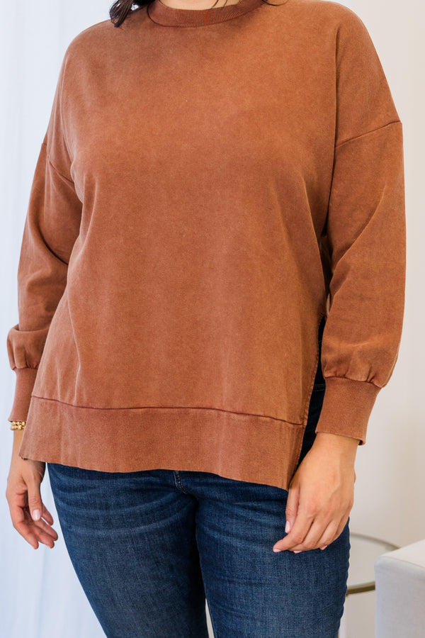 Chic Soul plus size clothing, caramel long sleeve plain pullover with round neckline with cuffed sleeves and band around the bottom 