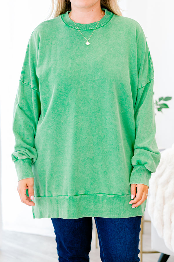 Chic Soul plus size clothing, green acid washed long sleeve pullover with slits on each side and cuff sleeves with round neckline